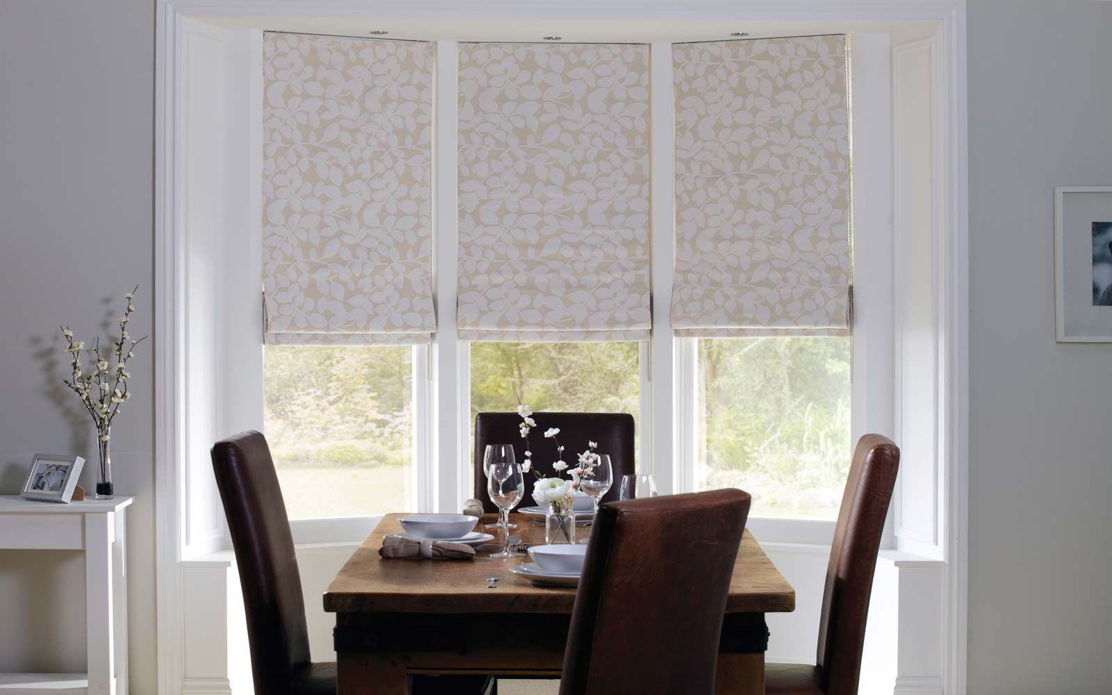 Bay-Window-Patterened-Roman-Blackout Roman Blinds in a Bay